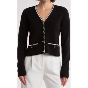 Laundry by Shelli‎ Segal Diamond Design Sweater Cardigan Button Front Black Sz L
